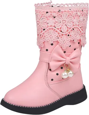 Girl's Mid Calf Boots W𝐚terproof Lace Bowknot Side Zipper F𝐮r Lined Side Zipper Fall Winter Low Heel Chunky Boots