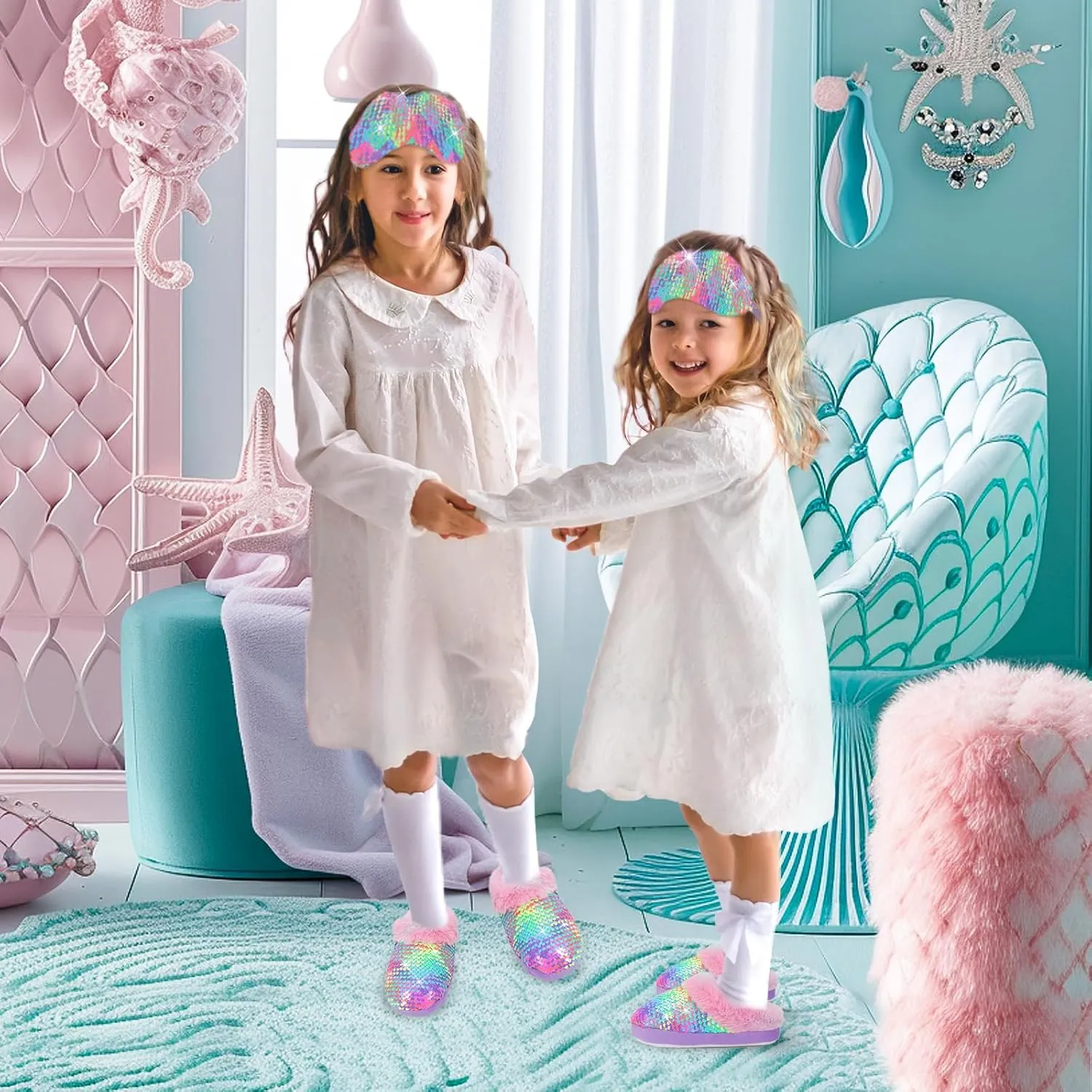 Girls Plush Sequin Slippers With Sleep Mask, Cute Faux Fur Slip-on Shoes Memory Foam House Shoes for Girls Bedroom Slippers