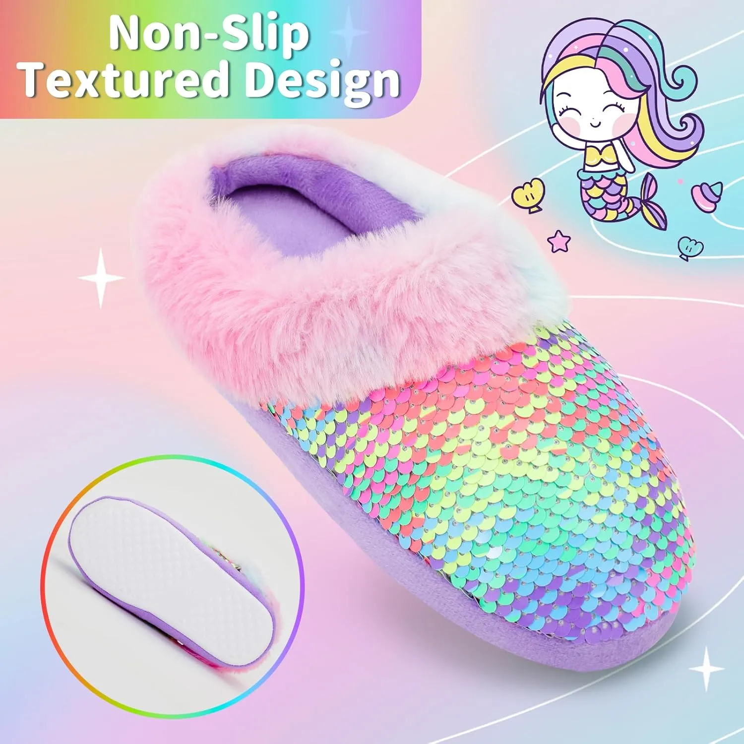 Girls Plush Sequin Slippers With Sleep Mask, Cute Faux Fur Slip-on Shoes Memory Foam House Shoes for Girls Bedroom Slippers