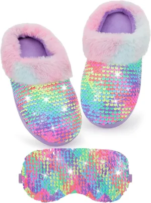 Girls Plush Sequin Slippers With Sleep Mask, Cute Faux Fur Slip-on Shoes Memory Foam House Shoes for Girls Bedroom Slippers