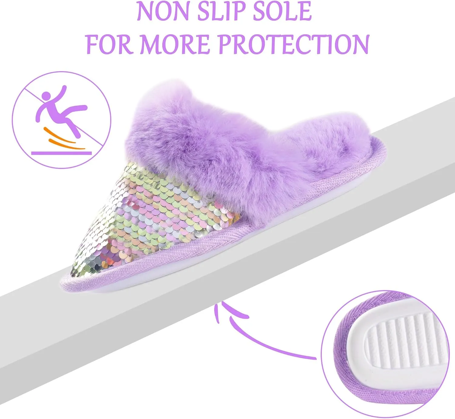 Girls Sequin House Slippers, Cute Kids Faux Fur Fluffy Fuzzy Slippers Indoor Outdoor Memory Foam House Shoes for Little Girls