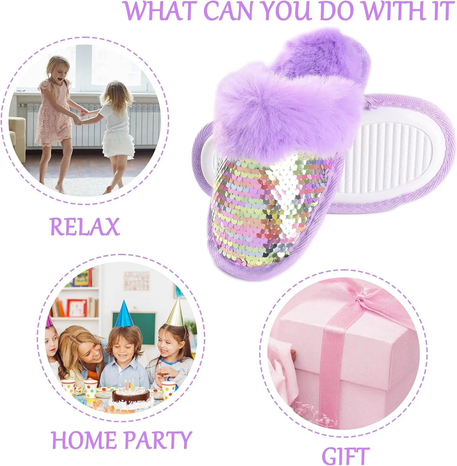 Girls Sequin House Slippers, Cute Kids Faux Fur Fluffy Fuzzy Slippers Indoor Outdoor Memory Foam House Shoes for Little Girls