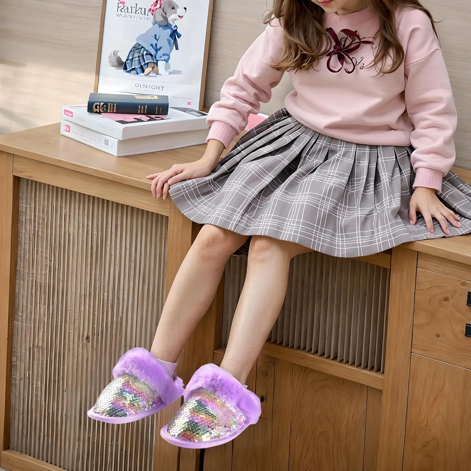 Girls Sequin House Slippers, Cute Kids Faux Fur Fluffy Fuzzy Slippers Indoor Outdoor Memory Foam House Shoes for Little Girls