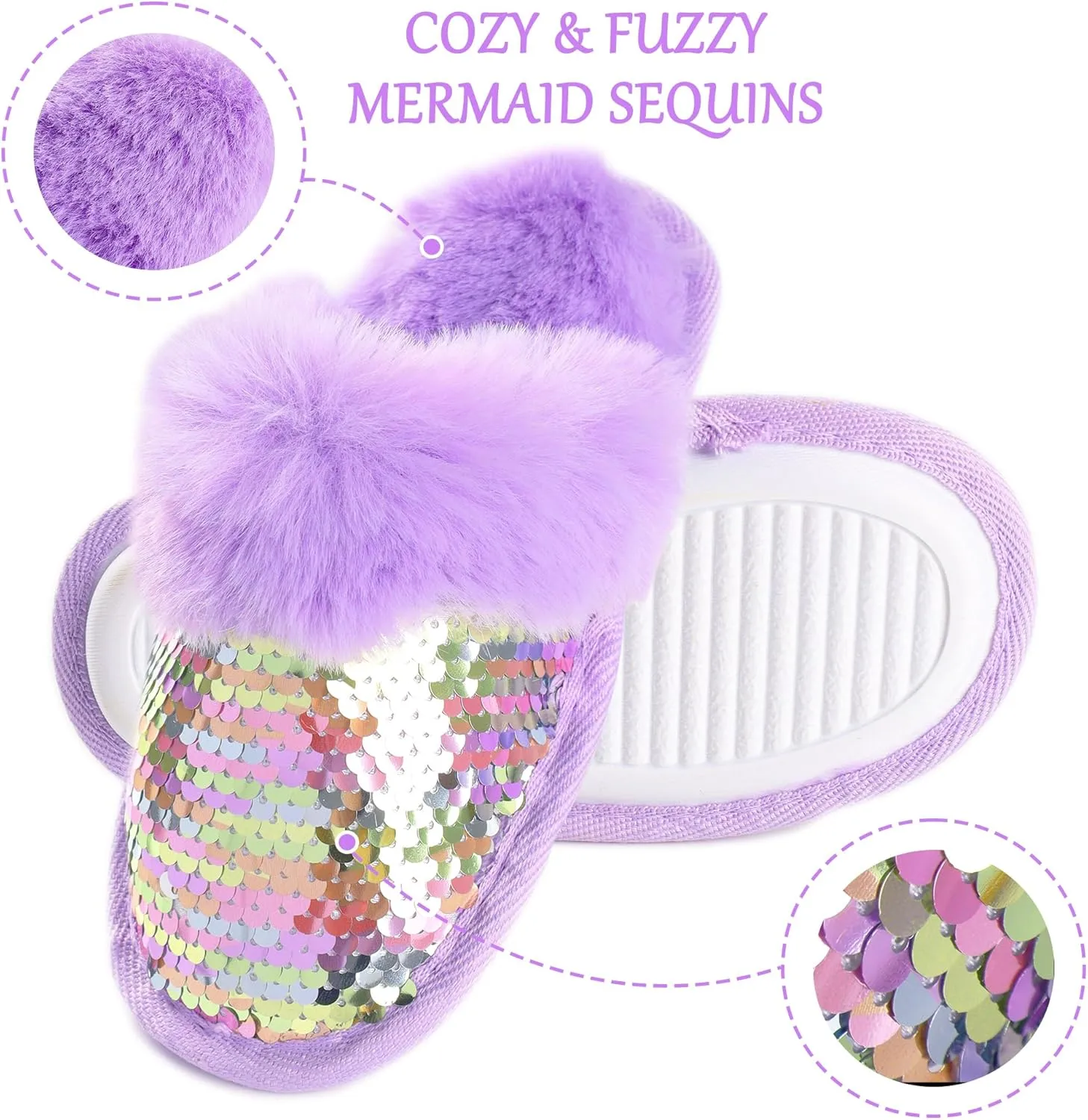 Girls Sequin House Slippers, Cute Kids Faux Fur Fluffy Fuzzy Slippers Indoor Outdoor Memory Foam House Shoes for Little Girls