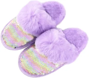 Girls Sequin House Slippers, Cute Kids Faux Fur Fluffy Fuzzy Slippers Indoor Outdoor Memory Foam House Shoes for Little Girls