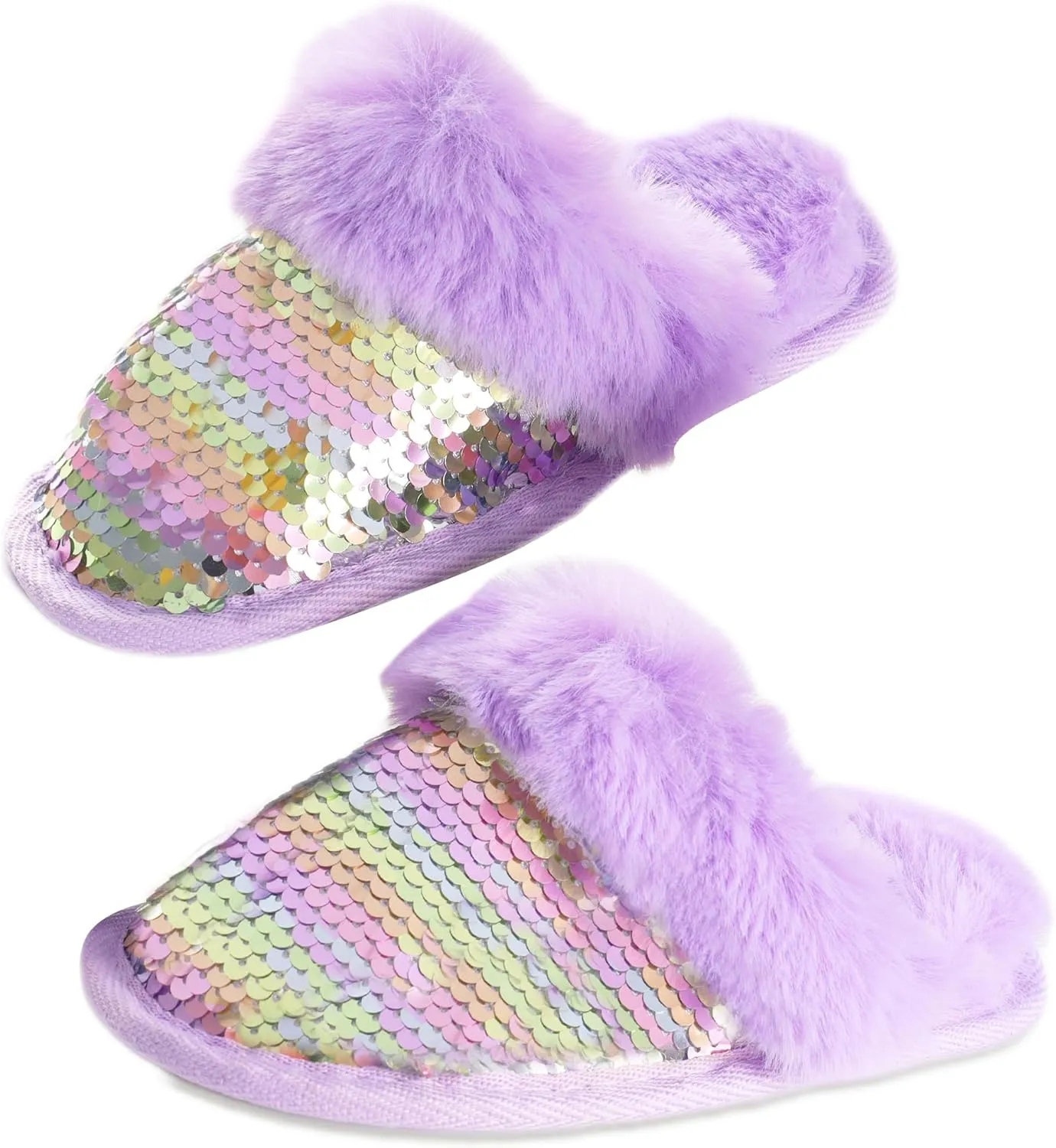 Girls Sequin House Slippers, Cute Kids Faux Fur Fluffy Fuzzy Slippers Indoor Outdoor Memory Foam House Shoes for Little Girls