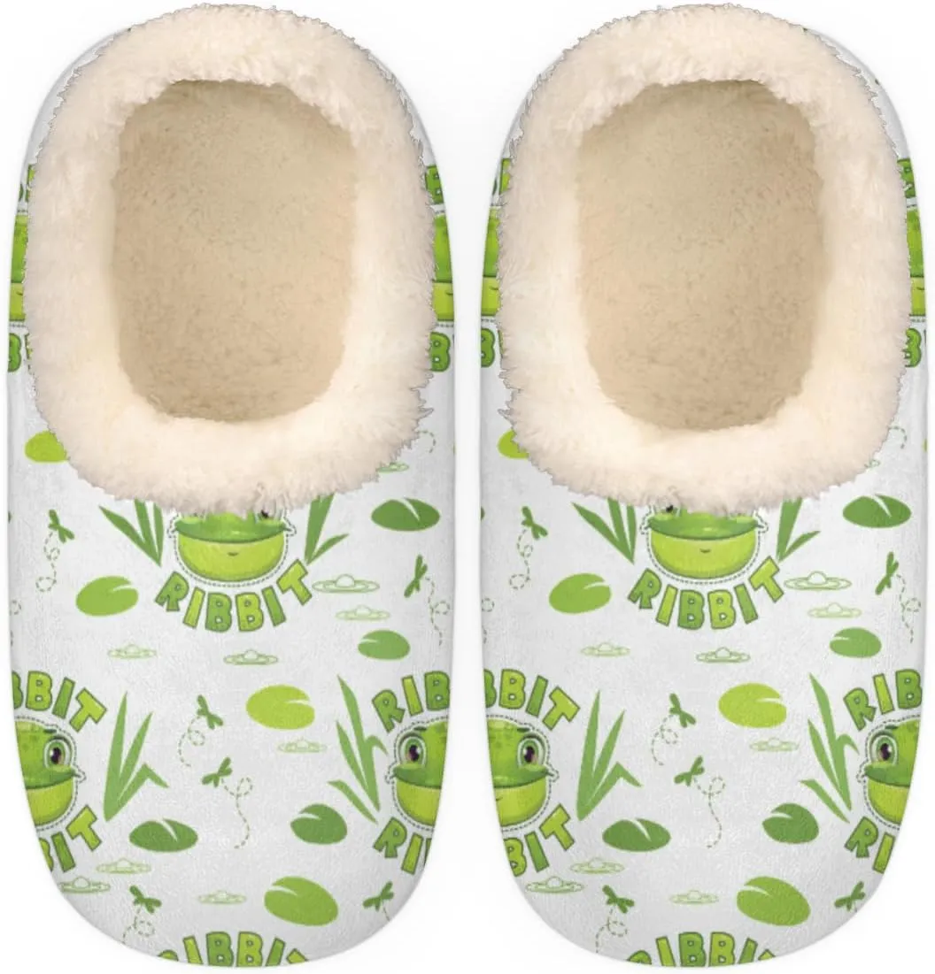 Green Frogs House Slippers for Women/Men, Non-Slip House Slipper Socks, Plush Lined Slippers Shoes for Boys Girls Teens Indoor Bedroom (Cute Animal)