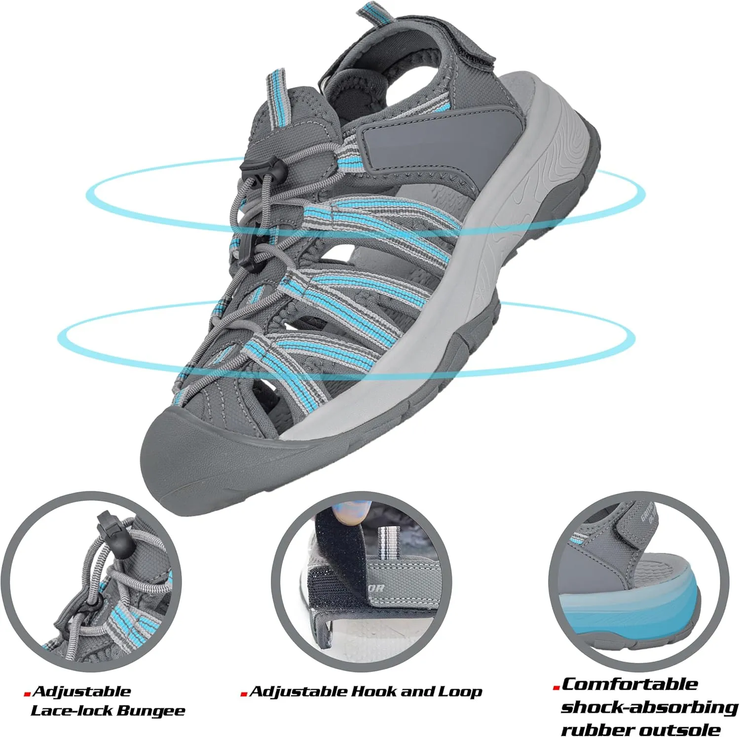 GRITION Hiking Sandals Women Closed Toe, Waterproof Lightweight Adjustable Hiking Athletic Sandals, Breathable For Beach Summer Adventure Comfortable Outdoor Sport