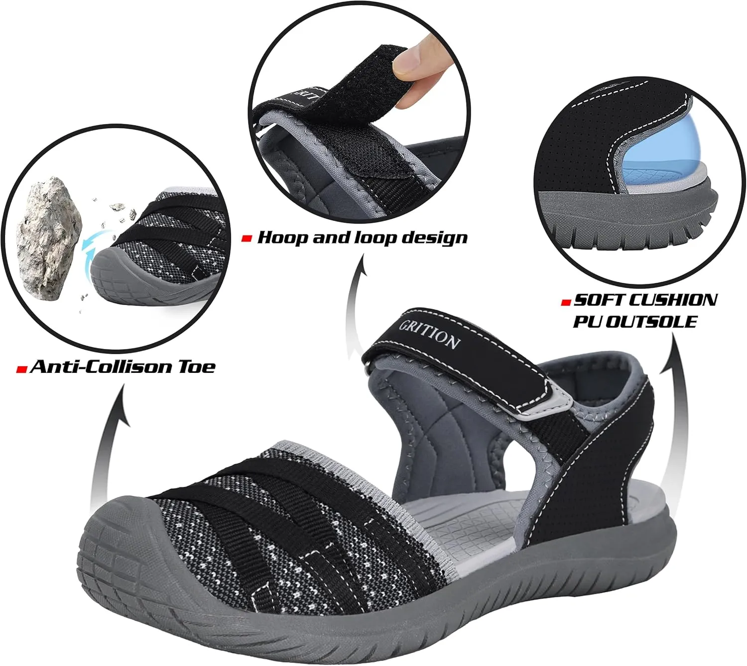 GRITION Hiking Sandals Women Closed Toe, Waterproof Lightweight Adjustable Hiking Athletic Sandals, Breathable For Beach Summer Adventure Comfortable Outdoor Sport