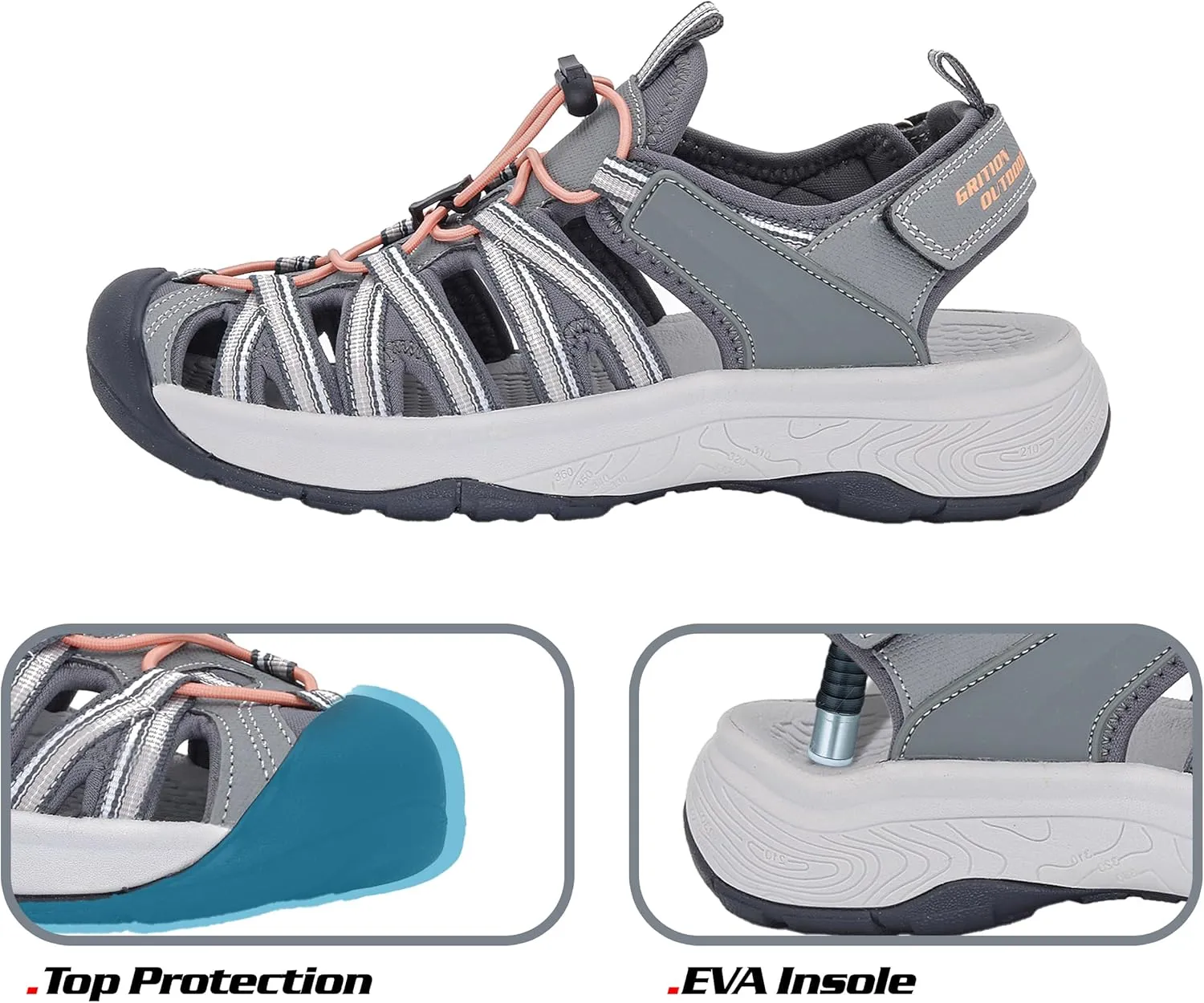 GRITION Hiking Sandals Women Closed Toe, Waterproof Lightweight Adjustable Hiking Athletic Sandals, Breathable For Beach Summer Adventure Comfortable Outdoor Sport