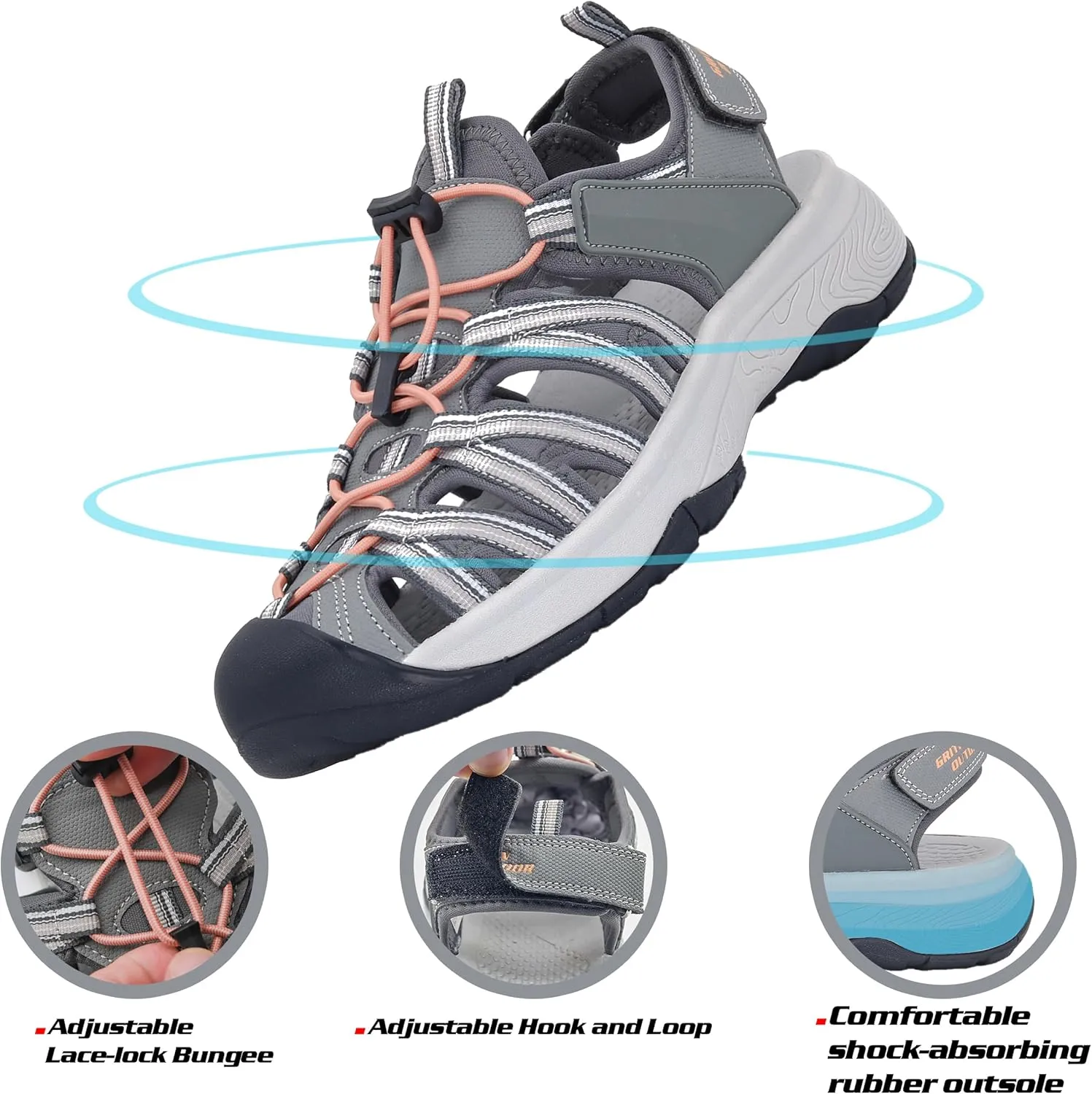 GRITION Hiking Sandals Women Closed Toe, Waterproof Lightweight Adjustable Hiking Athletic Sandals, Breathable For Beach Summer Adventure Comfortable Outdoor Sport