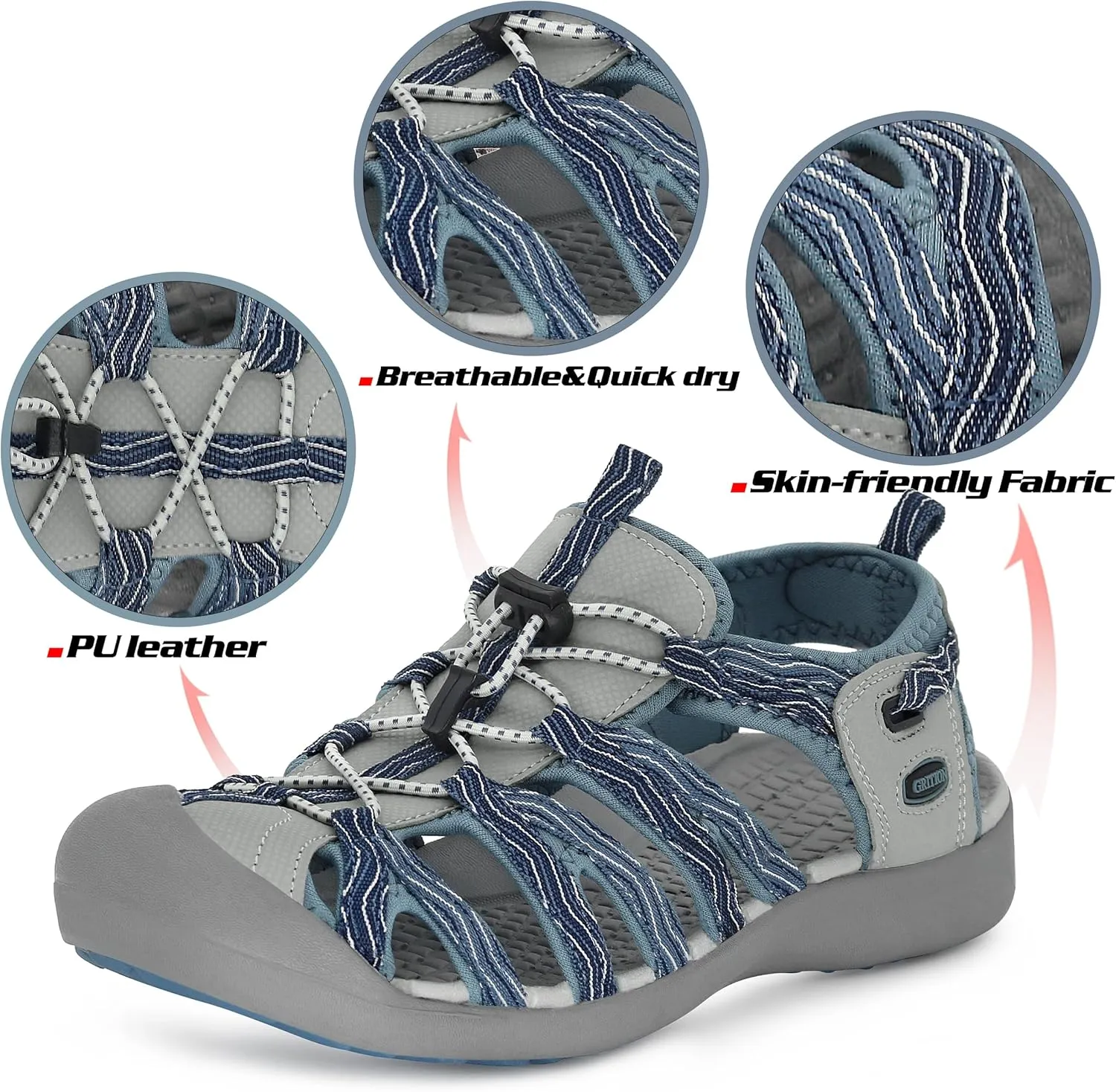 GRITION Hiking Sandals Women Closed Toe, Waterproof Lightweight Adjustable Hiking Athletic Sandals, Breathable For Beach Summer Adventure Comfortable Outdoor Sport