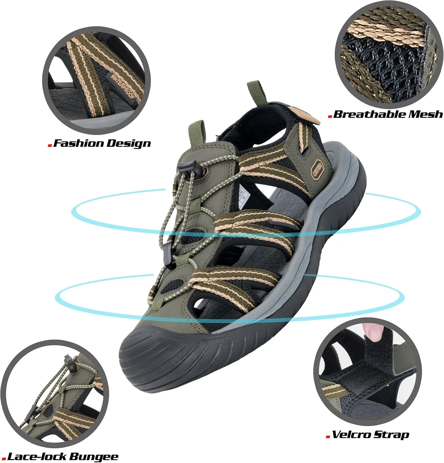 GRITION Mens Outdoor Hiking Sandals Summer Beach Closed Toe Water Sandal Waterproof Comfortable Fisherman Adventures Sport Athletic Walking Traveling Shoes Sandles