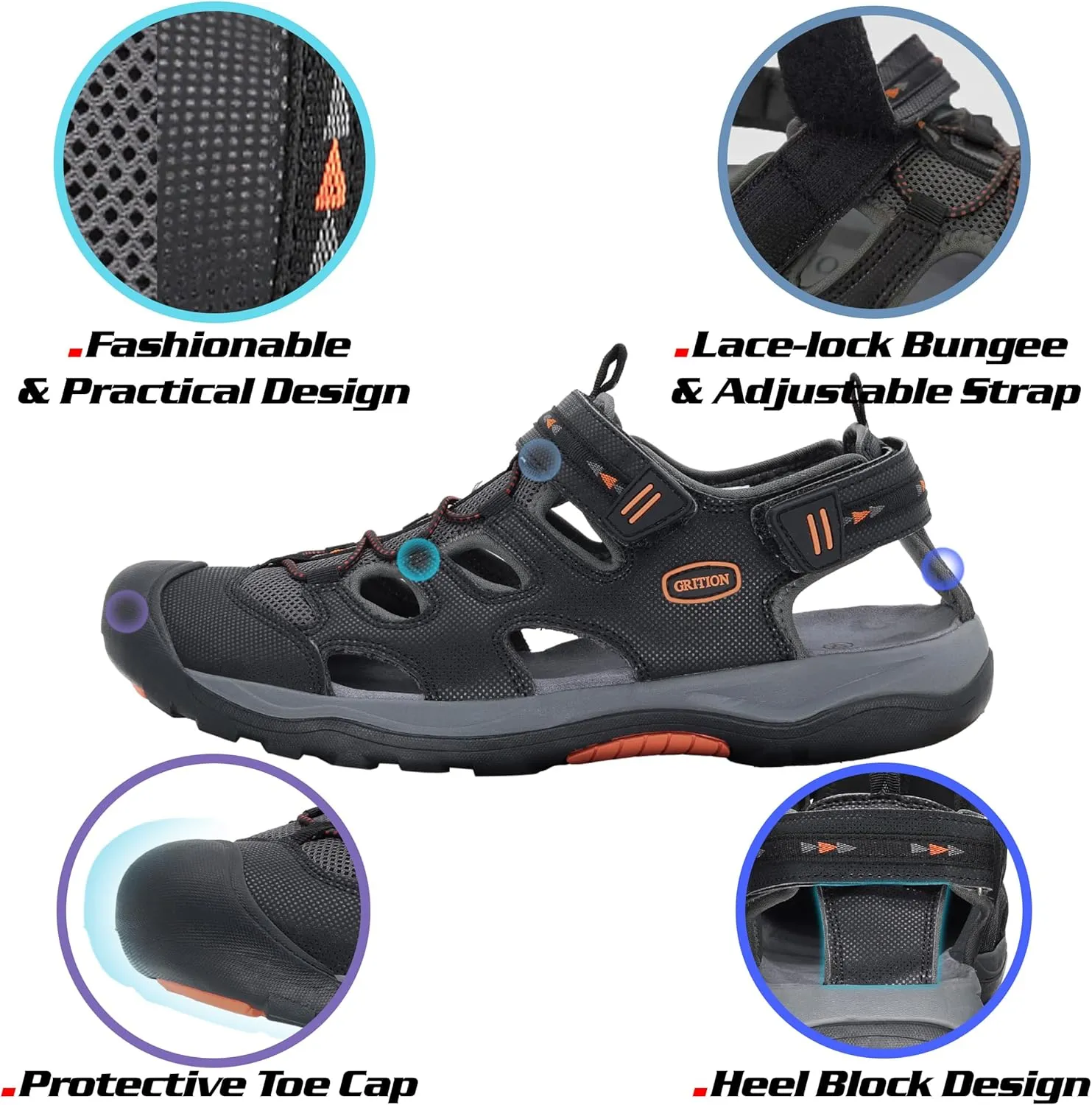 GRITION Mens Outdoor Hiking Sandals Summer Beach Closed Toe Water Sandal Waterproof Comfortable Fisherman Adventures Sport Athletic Walking Traveling Shoes Sandles