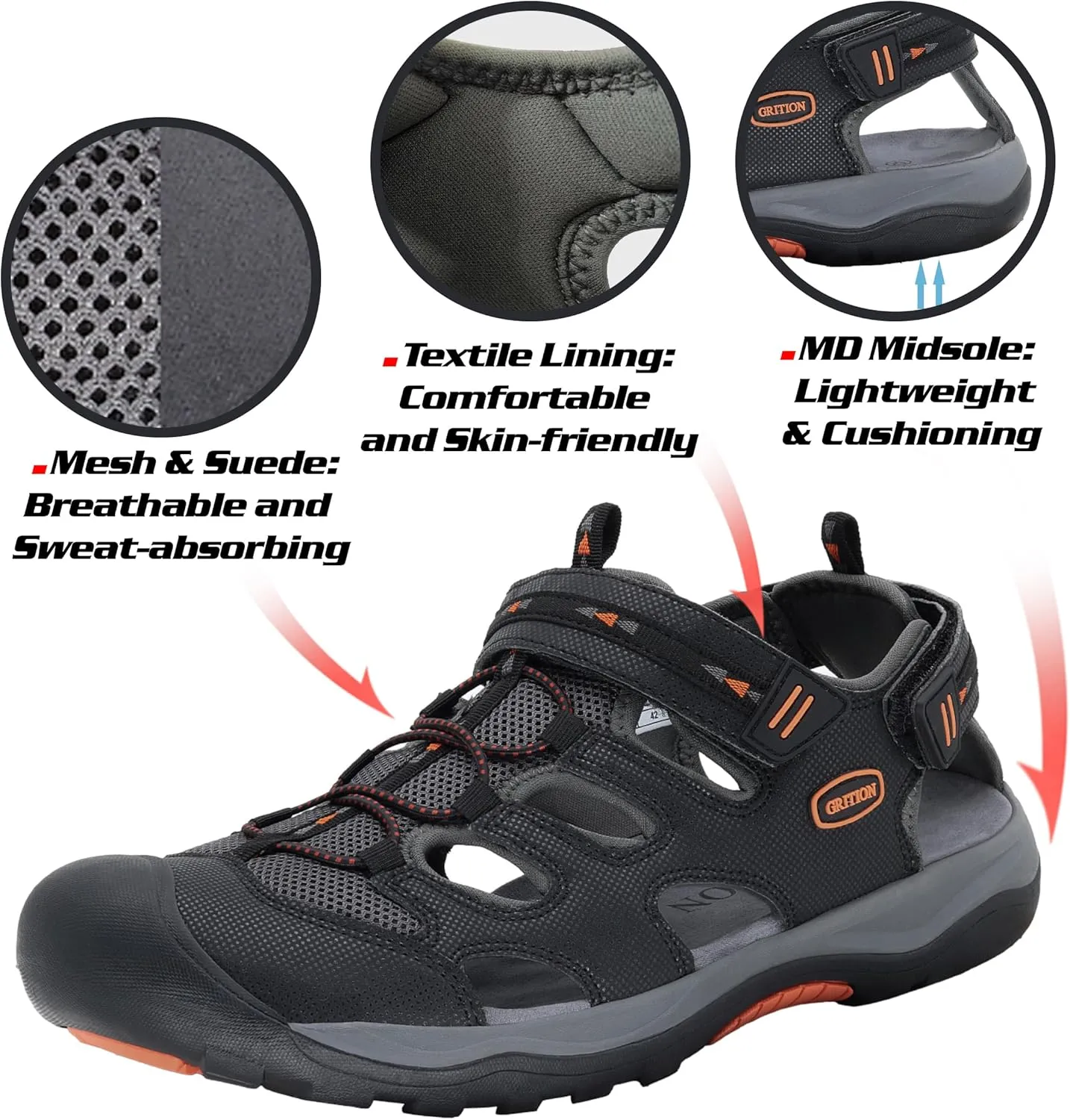 GRITION Mens Outdoor Hiking Sandals Summer Beach Closed Toe Water Sandal Waterproof Comfortable Fisherman Adventures Sport Athletic Walking Traveling Shoes Sandles