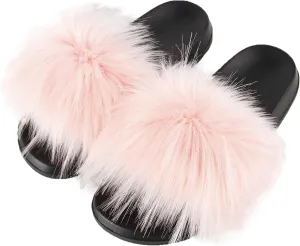 Hangrui Women's Faux Fur Slides, Open Toe Cute Slippers, Comfortable Sandals with Fluffy Fur