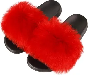 Hangrui Women's Faux Fur Slides, Open Toe Cute Slippers, Comfortable Sandals with Fluffy Fur