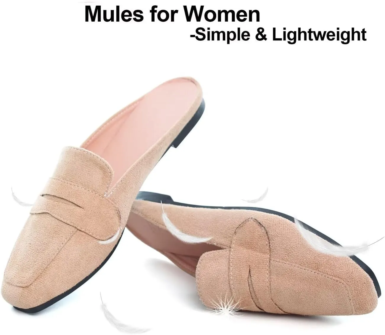 Hee grand Mules for Women Flats Square Toe Slip on Flat Slides Comfortable Suede Women Slippers Backless Loafer Shoes
