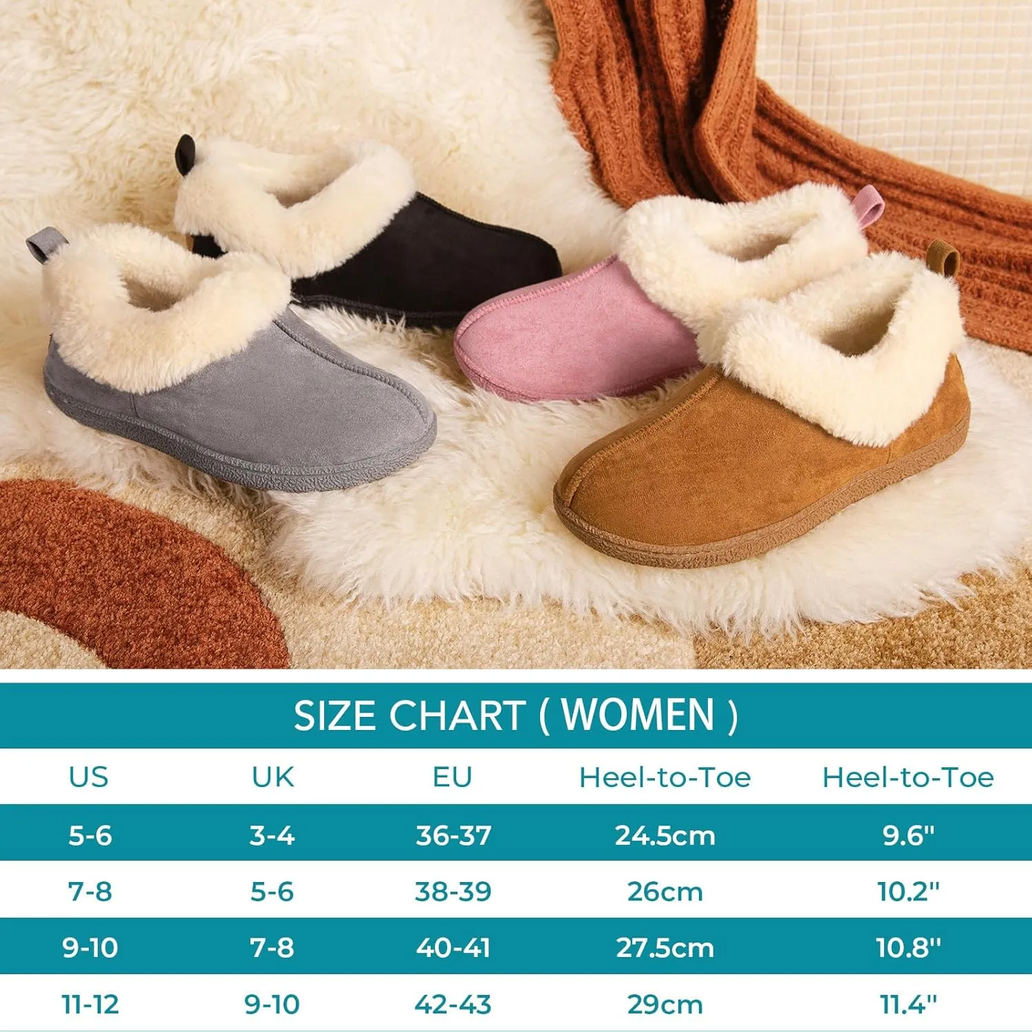 HomeTop Women's Closed-back Slippers Faux Wool Warm Non-slip Outdoor Indoor House Shoes with Fuzzy Collar
