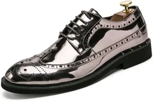 HOOENG Formal Oxford Shoes for Men Lace Up Brogue Embossed Wing tip Shiny Derby Shoes Vegan Leather Anti-Slip Non Slip Block Heel Rubber Sole Low Top (Color : Silver, Size : 6.5)
