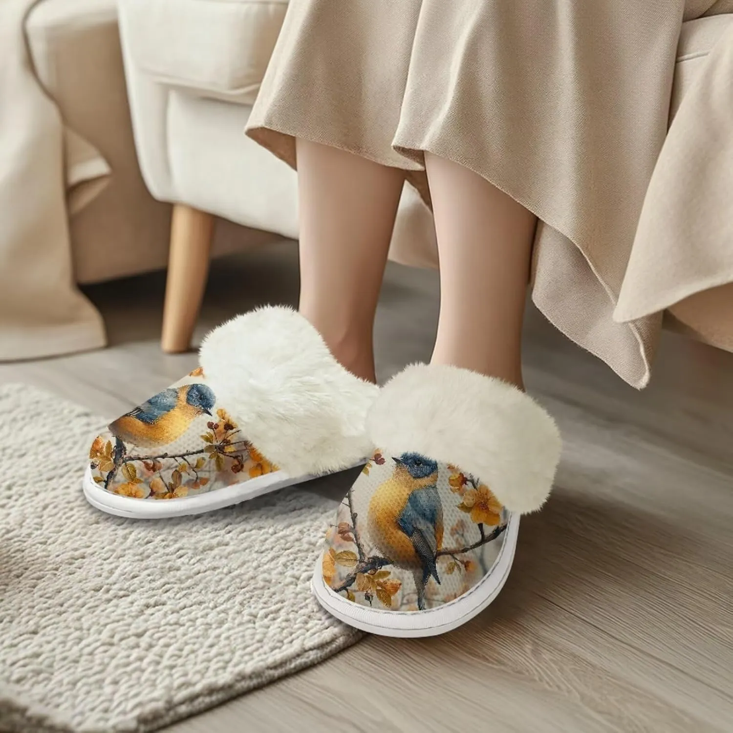 Hummingbird Birds Print Fuzzy Slippers for Women Warm House Home Slippers Slip-On Bedroom Shoes