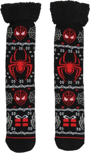 Hyp Marvel Comics Spider-Man Men's Ugly Christmas Sweater Knit Miles Morales Faux Shearling Lined Thick Fuzzy Slipper Socks