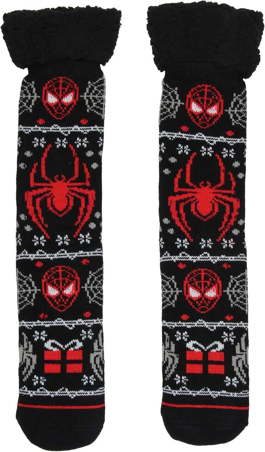 Hyp Marvel Comics Spider-Man Men's Ugly Christmas Sweater Knit Miles Morales Faux Shearling Lined Thick Fuzzy Slipper Socks