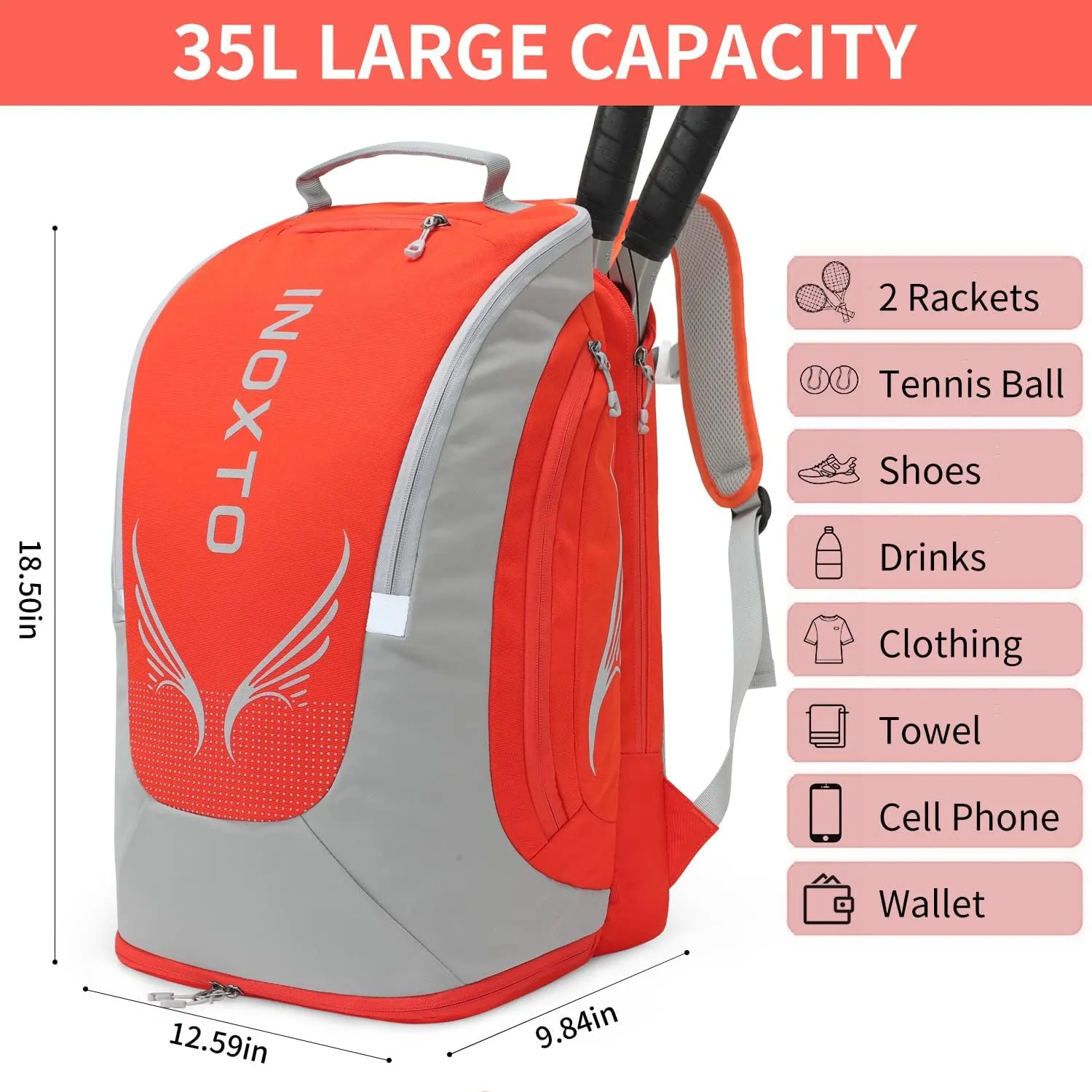 INOXTO 40L Tennis Backpack for Men & Women, Large Pickleball Bag With Independent Shoe Storage, Waterproof & Breathable, Holds 2 Tennis Rackets for Badminton, Travel & Camping