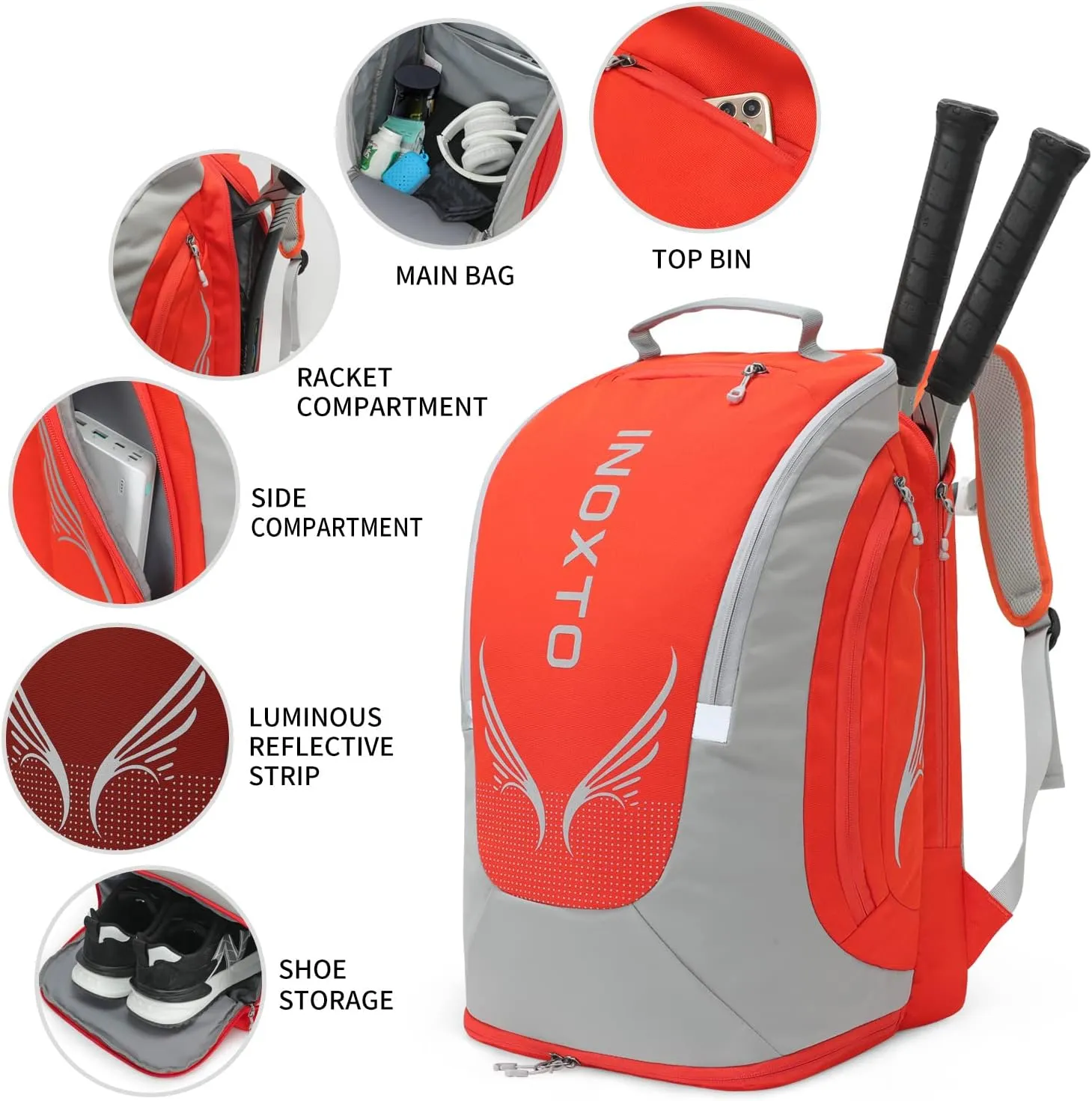 INOXTO 40L Tennis Backpack for Men & Women, Large Pickleball Bag With Independent Shoe Storage, Waterproof & Breathable, Holds 2 Tennis Rackets for Badminton, Travel & Camping