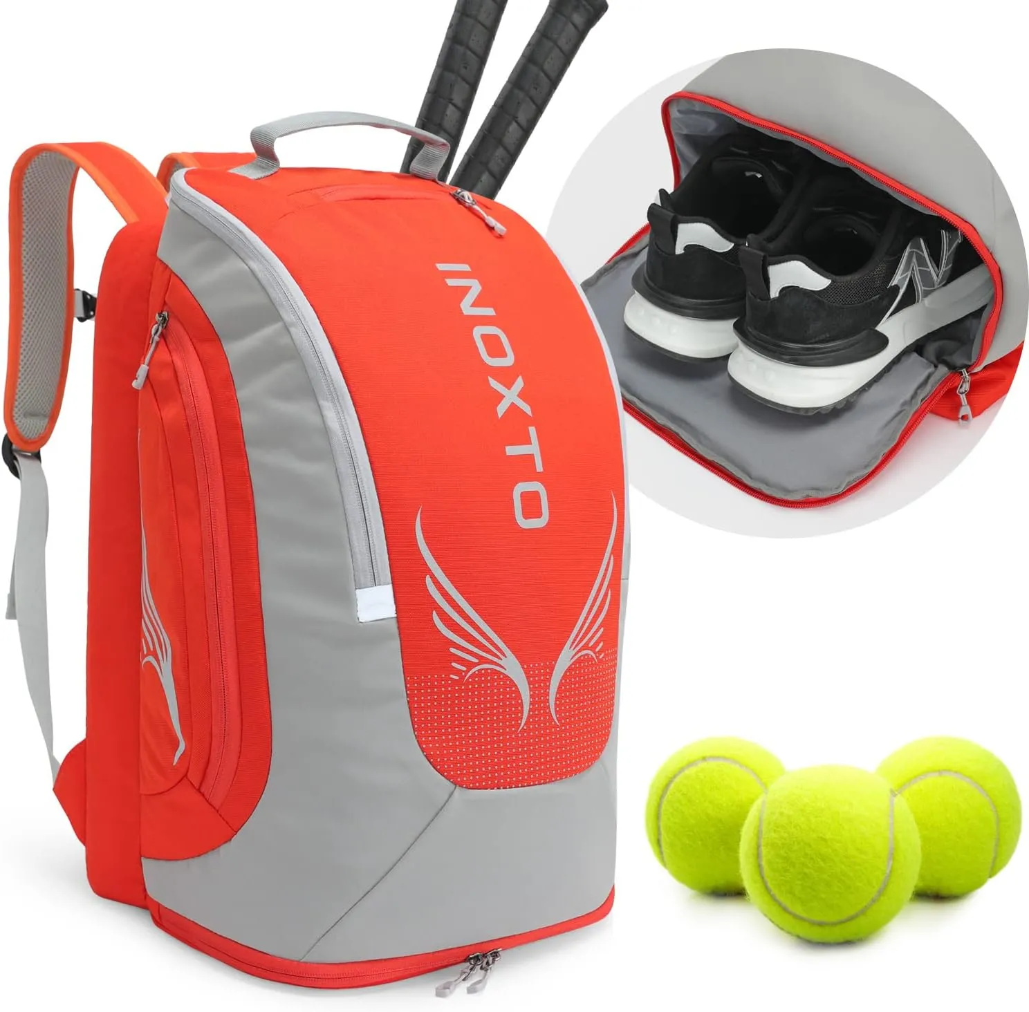 INOXTO 40L Tennis Backpack for Men & Women, Large Pickleball Bag With Independent Shoe Storage, Waterproof & Breathable, Holds 2 Tennis Rackets for Badminton, Travel & Camping