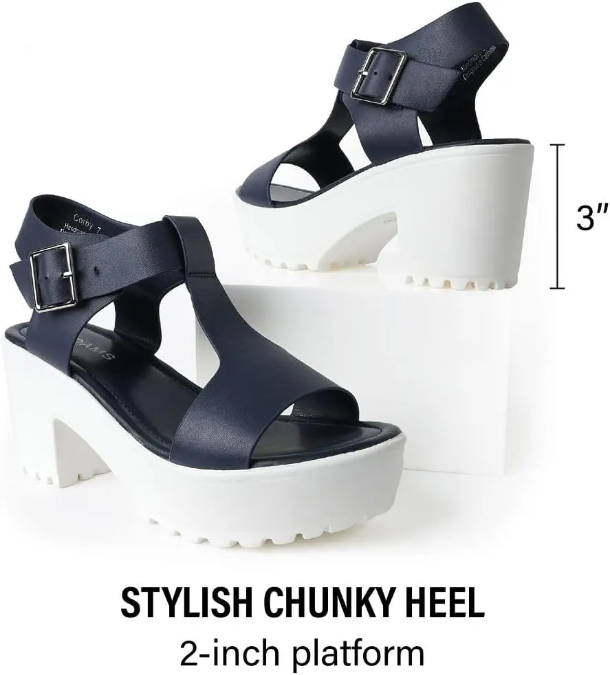J. Adams Corby Platform Sandals Heeled Sandals for Womens - T-Strap Chunky Mid Heel Sandal Wedges for Women - Women's Footwear Platform Shoes - Summer Shoes for Women