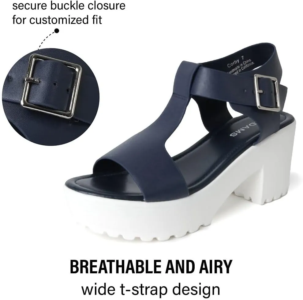 J. Adams Corby Platform Sandals Heeled Sandals for Womens - T-Strap Chunky Mid Heel Sandal Wedges for Women - Women's Footwear Platform Shoes - Summer Shoes for Women