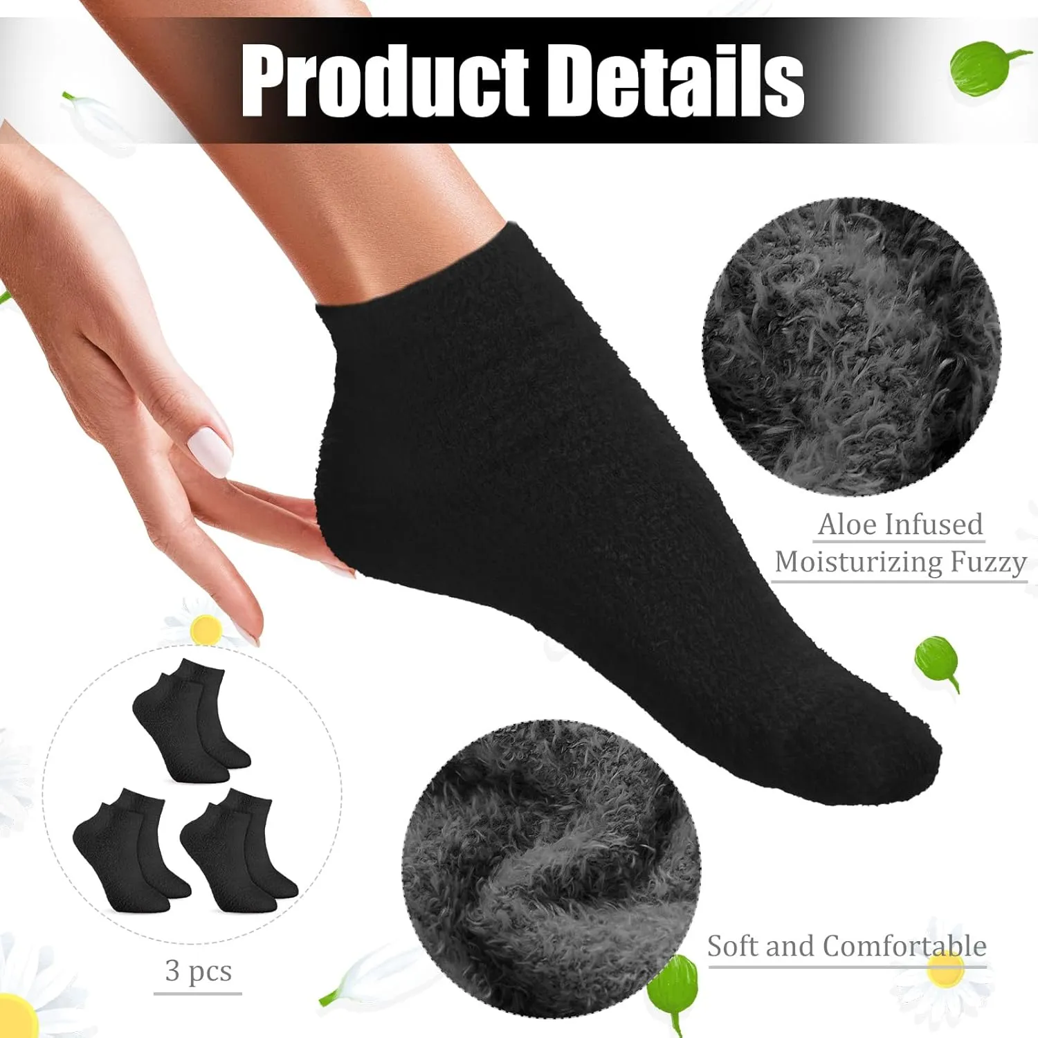 Janmercy 3 Pairs Aloe Socks Moisturizing Spa Infused Gel Sleeping Fuzzy Dry Feet Non Slip Lotion Socks for Women Men Repairing Softening Dry Cracked(Black)