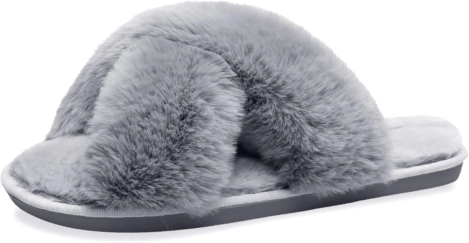 JIASUQI Women's Open Toe Slippers Fuzzy Fluffy House Slippers for Women Cozy Criss Cross Furry Slides Slippers