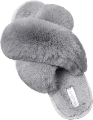 JIASUQI Women's Open Toe Slippers Fuzzy Fluffy House Slippers for Women Cozy Criss Cross Furry Slides Slippers