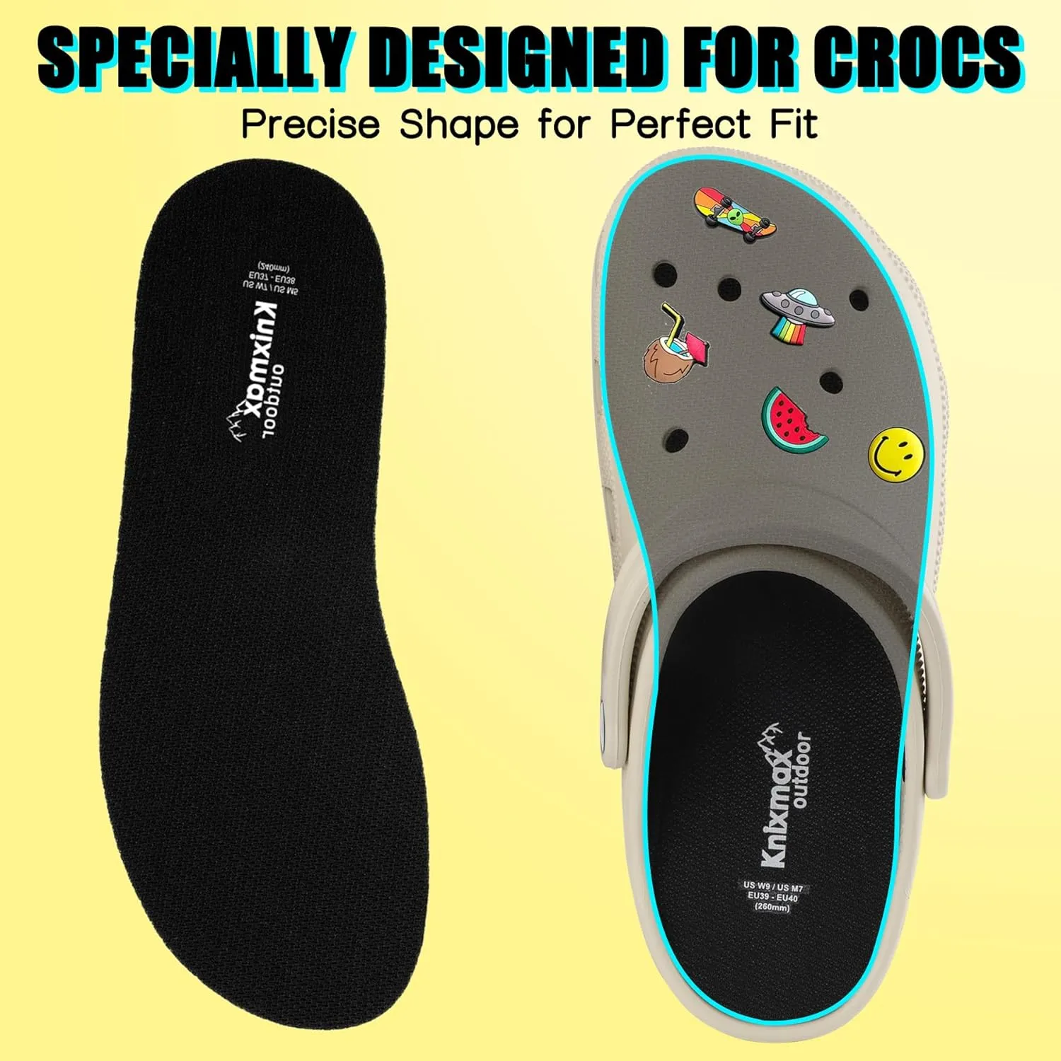 Knixmax 2 Pairs Insoles for Crocs Clog, Comfort Thin Replacement Innersoles for Men Women, Wide Fit Shoe Inserts for Garden Shoes Sneakers Flats Water Sandals Nurse Clogs