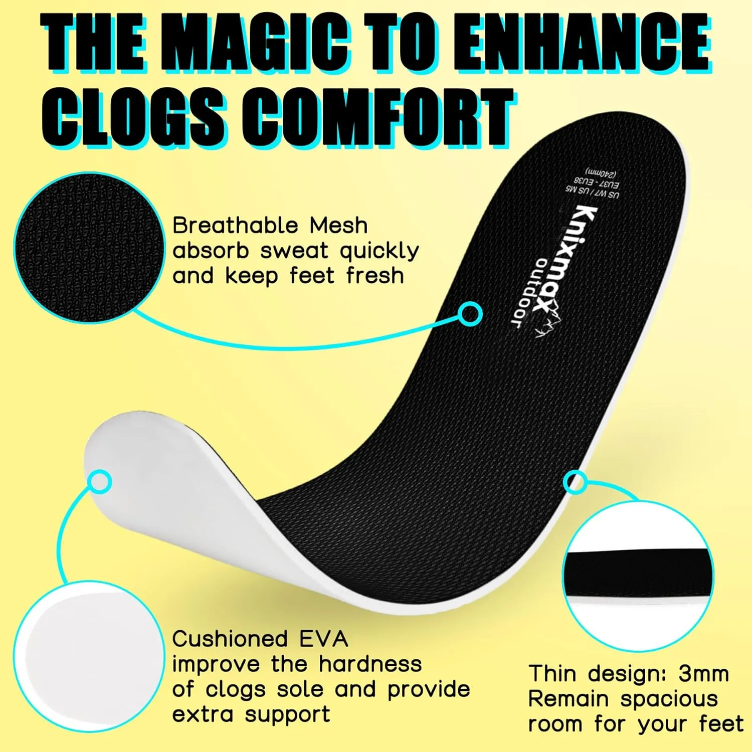 Knixmax 2 Pairs Insoles for Crocs Clog, Comfort Thin Replacement Innersoles for Men Women, Wide Fit Shoe Inserts for Garden Shoes Sneakers Flats Water Sandals Nurse Clogs