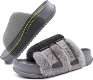 KuaiLu Women's Orthotic Slippers With Arch Support Soft Cushion Sandal Slippers for Woman Ladies Fashion Open Toe Faux Fur Platform Slipper Indoor Outdoor Size 6~12