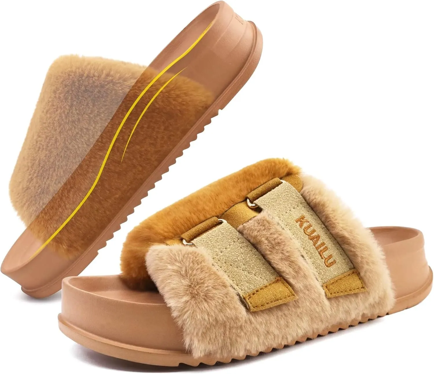 KuaiLu Women's Orthotic Slippers With Arch Support Soft Cushion Sandal Slippers for Woman Ladies Fashion Open Toe Faux Fur Platform Slipper Indoor Outdoor Size 6~12