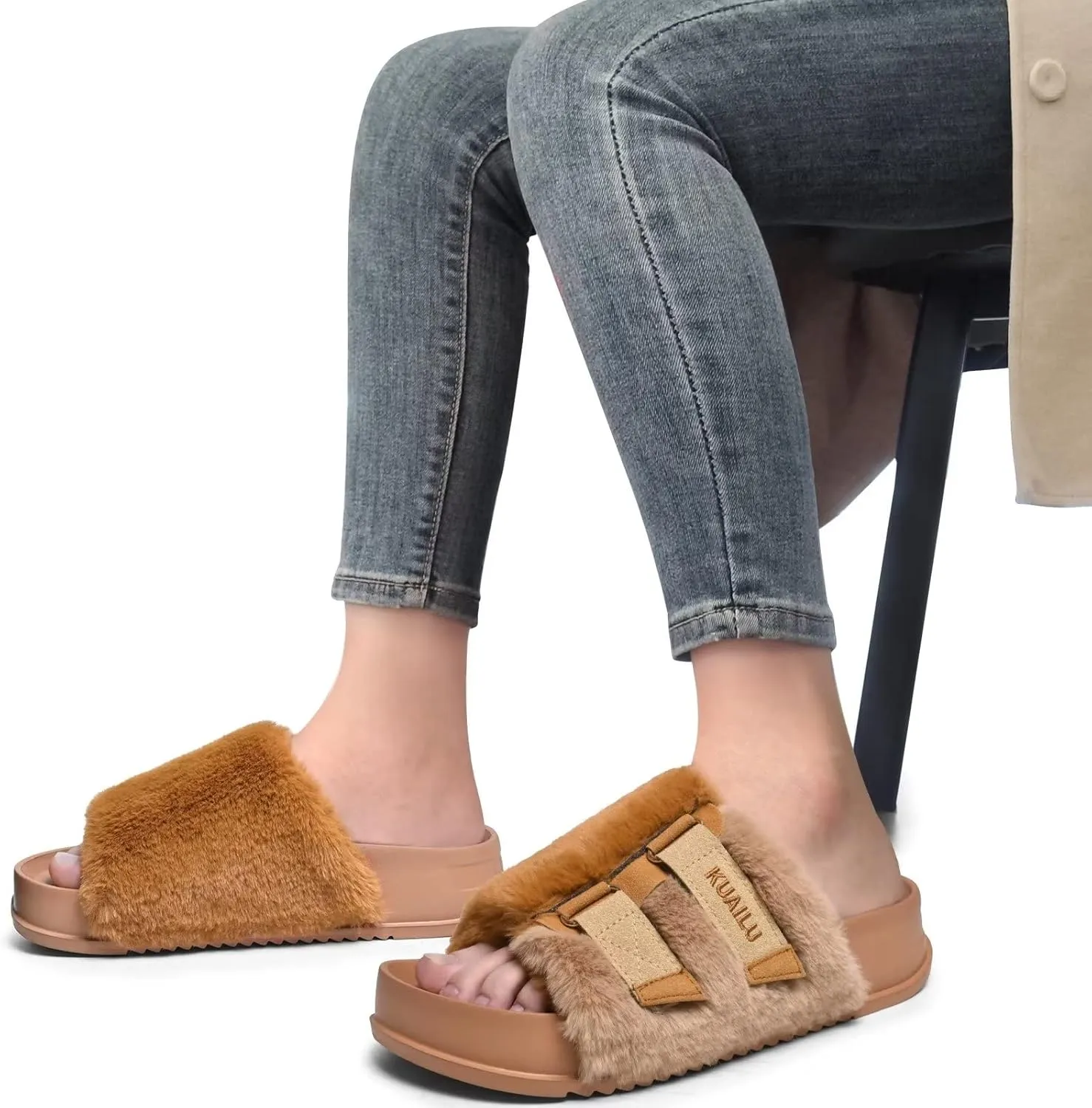 KuaiLu Women's Orthotic Slippers With Arch Support Soft Cushion Sandal Slippers for Woman Ladies Fashion Open Toe Faux Fur Platform Slipper Indoor Outdoor Size 6~12