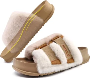 KuaiLu Women's Orthotic Slippers With Arch Support Soft Cushion Sandal Slippers for Woman Ladies Fashion Open Toe Faux Fur Platform Slipper Indoor Outdoor Size 6~12