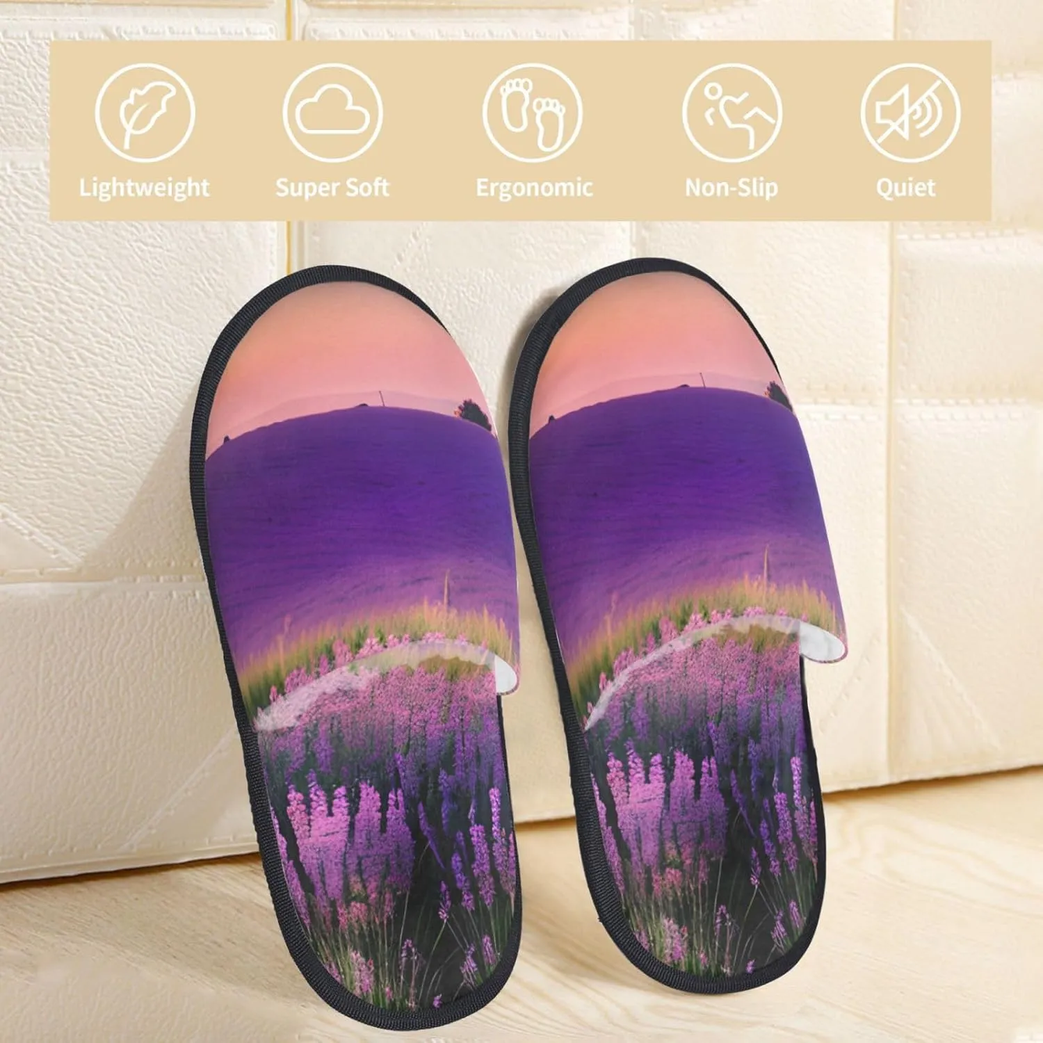 Lavender Meadow at Sunset Spring Printed Slippers Cozy Indoor Slide Unisex House Slippers Soft Plush Slip-on Slippers