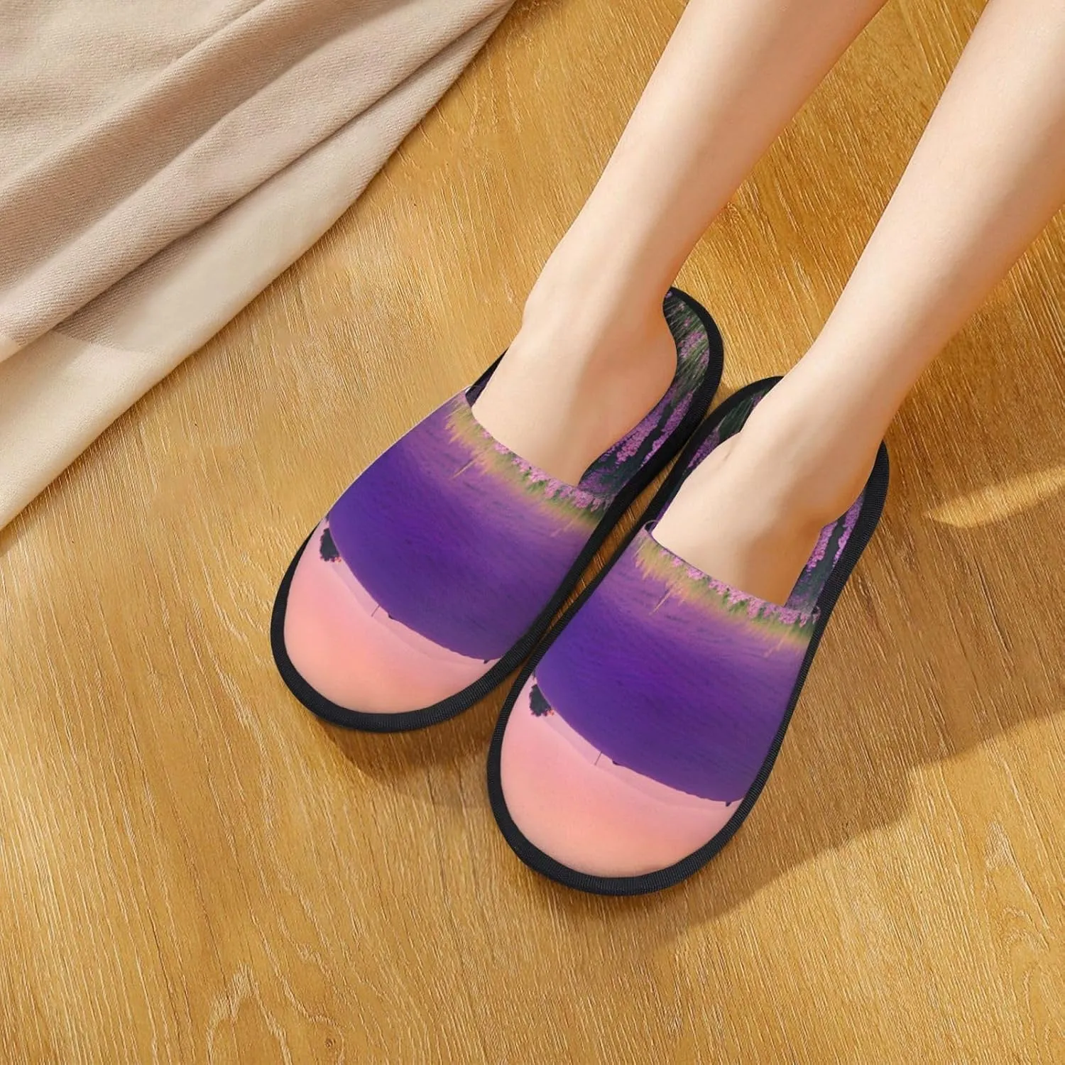 Lavender Meadow at Sunset Spring Printed Slippers Cozy Indoor Slide Unisex House Slippers Soft Plush Slip-on Slippers
