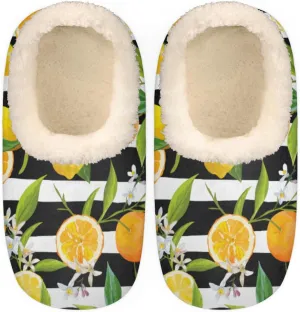 Lemon Orange Flower House Slippers for Women/Men, Non-Slip House Slipper Socks, Plush Lined Slippers Shoes for Boys Girls Teens Indoor Bedroom (Fruit Stripe)