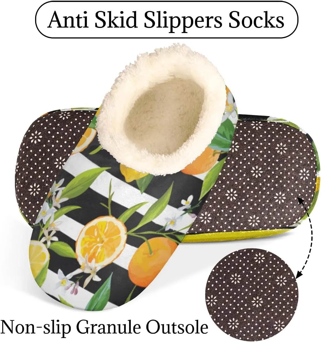 Lemon Orange Flower House Slippers for Women/Men, Non-Slip House Slipper Socks, Plush Lined Slippers Shoes for Boys Girls Teens Indoor Bedroom (Fruit Stripe)