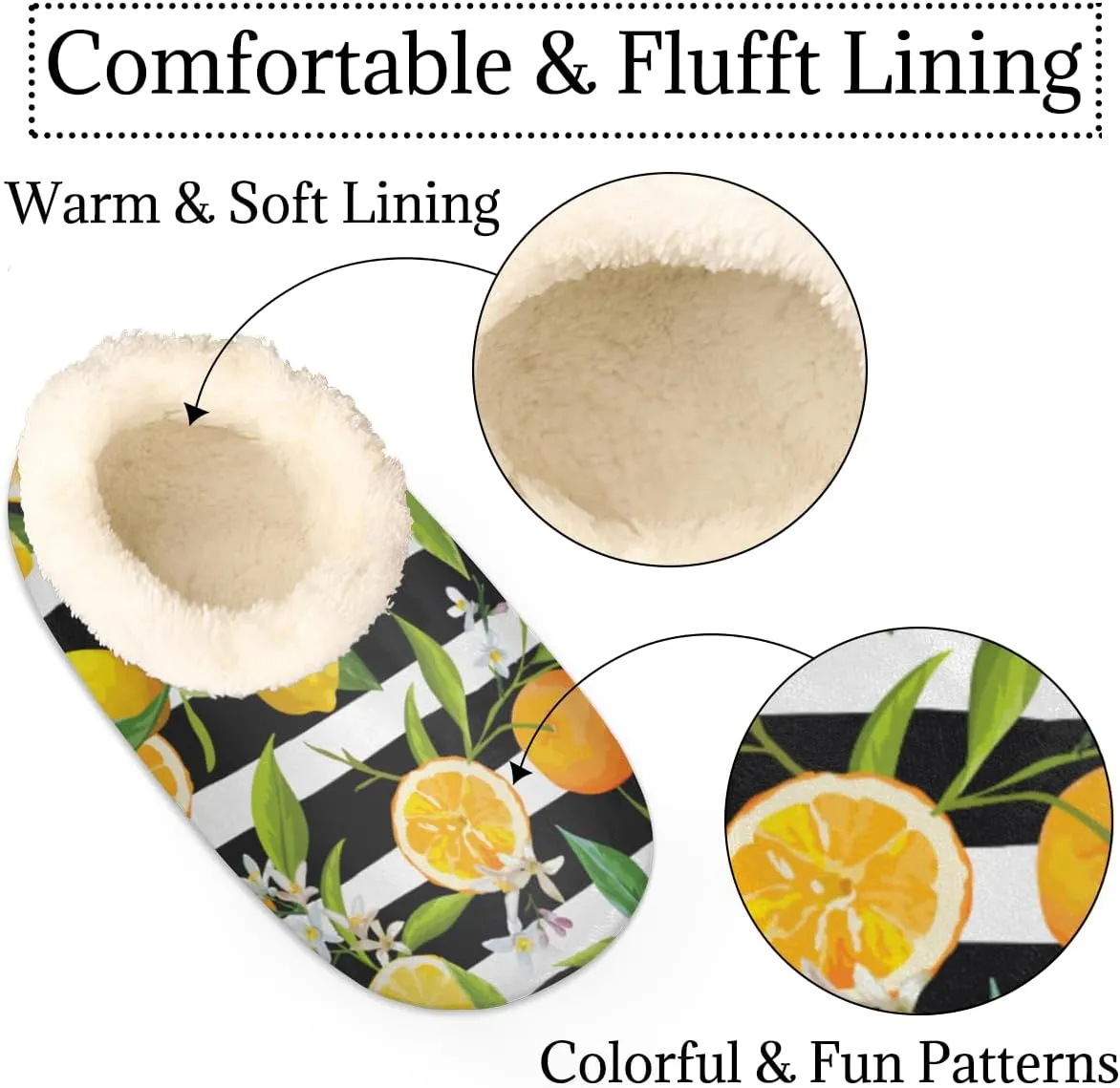 Lemon Orange Flower House Slippers for Women/Men, Non-Slip House Slipper Socks, Plush Lined Slippers Shoes for Boys Girls Teens Indoor Bedroom (Fruit Stripe)