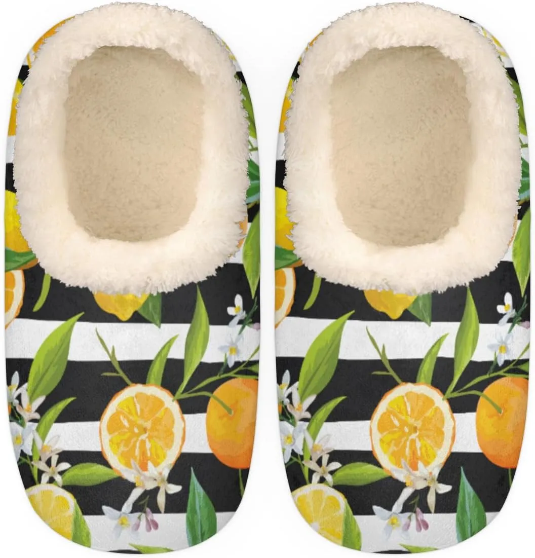 Lemon Orange Flower House Slippers for Women/Men, Non-Slip House Slipper Socks, Plush Lined Slippers Shoes for Boys Girls Teens Indoor Bedroom (Fruit Stripe)