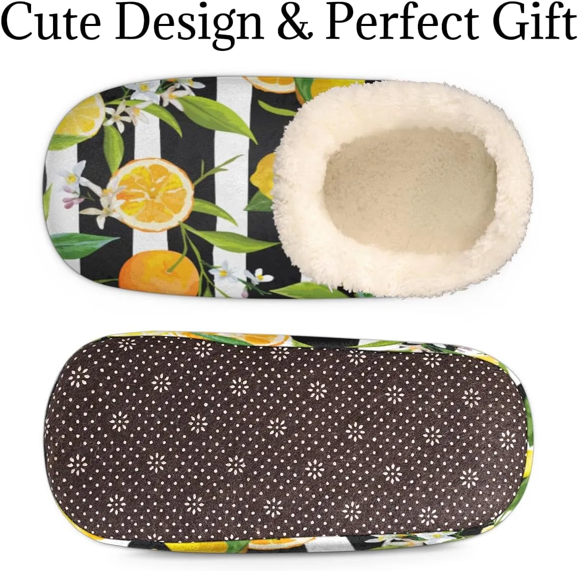 Lemon Orange Flower House Slippers for Women/Men, Non-Slip House Slipper Socks, Plush Lined Slippers Shoes for Boys Girls Teens Indoor Bedroom (Fruit Stripe)