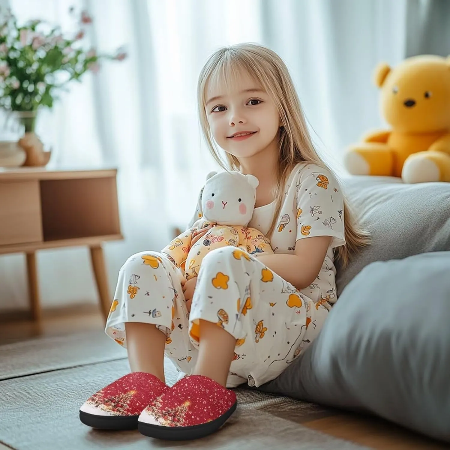 Little Kids Boys Girls House Cotton Slippers Cute Indoor Fluffy Slides Comfortable Elastic Warm Shoes for Yard Size 9-15 Black Sole