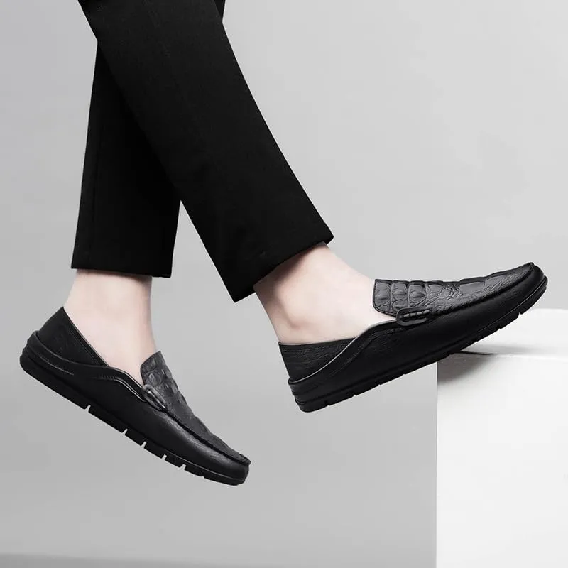 Loafers for Men Round Toe PU Leather Crocodile Print Loafer Shoes Comfortable Lightweight Flat Heel Classic Slip-ons